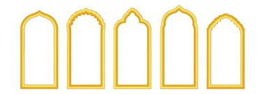 3d altın Ramazan çerçeveli Arabesque kemeri. Altın pencere şekilli İslami bayram arkaplanı. Doğulu cami vektörüyle geleneksel Müslüman nişanı. Arap sınır tasarımı için şenlikli kareem etiketi.