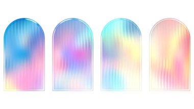 Kaburgalı cam kemer tabanlı arka plan kıvrımlı doku ve renkli. Gradyanı olan buzlu plastik kavis. Holografik yüzey soyut plakaya ayarlandı. Podyum veya neon sahne için ışık efekti.