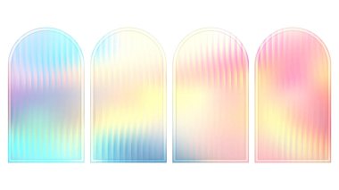 Gök kuşağı renginde parlayan yuvarlak cam kemer duvarı. Parlak plastik plaka üzerinde soyut ayna şekli. Işık ve neon yüzeyi olan tırtıklı bir panel. Fütürist duvar kâğıdı için parlak ve canlı bir tabak.