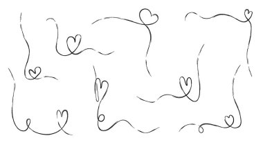 Karalama kalp çizgisi çerçevesi. Düğün dekorasyonu için aşk sanatının sınırlarını sürekli aşıyorsun. Köşe için soyut romantik ince motif. Boho kartı için doğrusal karalama ögesini ayır. Dizgi süsü tasarımı