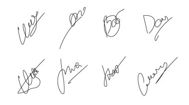 İmza işareti vektörü. Sahte imzalı el yazısı ve izole edilmiş. Sertifika kağıdına isim karalaması. Hayali bir iş çizimi. Belge için kalem karalaması. Kişisel sözleşme sözleşmesi.
