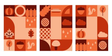Şükran Günü için basit soyut desenli geometrik sonbahar posteri arka planı. Turta, balkabağı, sebze ve yağmur dekoratif mozaiğiyle mutlu sezon indirimi şablonu. Retro broşür veya katalog tasarımı