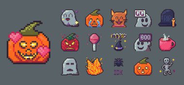 Cadılar Bayramı pikseli resim ikonu oyun için ayarlandı. Hayalet, balkabağı, kedi ve canavar. Ürkütücü tatil için korkunç çizgi film sihirbazı. Fantezi sonbahar için şeytani mezar taşı ve mum süslemesi.