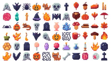 Pixel sanat cadılar bayramı ikonu oyun için ayarlandı. Tatlı hayalet, balkabağı, kafatası, yarasa ve kedi eski moda 8bit tarzında. Ürkütücü geçmişi olan korkunç çizgi film cadısı. Sonbahar eğlencesi için şeytani mezar taşı ve mum süslemesi..