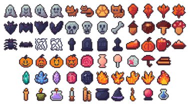 Oyun için Piksel Sanat Cadılar Bayramı ikonu paketi. Hayalet, balkabağı, kafatası, yarasa ve kedi retro 8bit tarzında. Çizgi film geçmişi olan ürkütücü bir sihirbaz. Kötü mum, mezar taşı ve sonbahar eğlencesi için canavar süslemesi..
