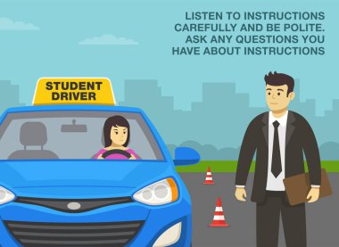 Araba sürme alıştırması. Eğitmeni dinleyen kız öğrenci sürücü. Muayene memuru sınav talimatlarını veriyor. Yakın çekim görüntüsü. Düz vektör resimleme şablonu.