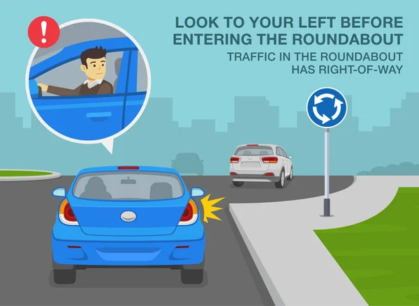 安全な運転のヒントや交通規制のルール ラウンドアバウト内の優先順位 ラウンドに入る前に左を見てください 平面ベクトル図テンプレート — ストックベクタ