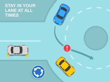 Güvenli sürüş ipuçları ve trafik kuralları. Kavşağın içindeki öncelik. Her zaman şeridinde kal. Çok şeritli bir kavşakta şerit değiştirme. Üst Manzara. Düz vektör illüstrasyonu.