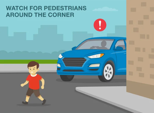 歩行者安全と車の運転規則 道路を走っている男の子供 隅の周りの歩行者を見てください 平面ベクトル図テンプレート — ストックベクタ
