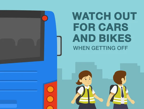 歩行者安全と車の運転規則 バス停で子供たちがバスを降ります 車や自転車に気をつけてください クローズアップビュー 平面ベクトル図テンプレート — ストックベクタ