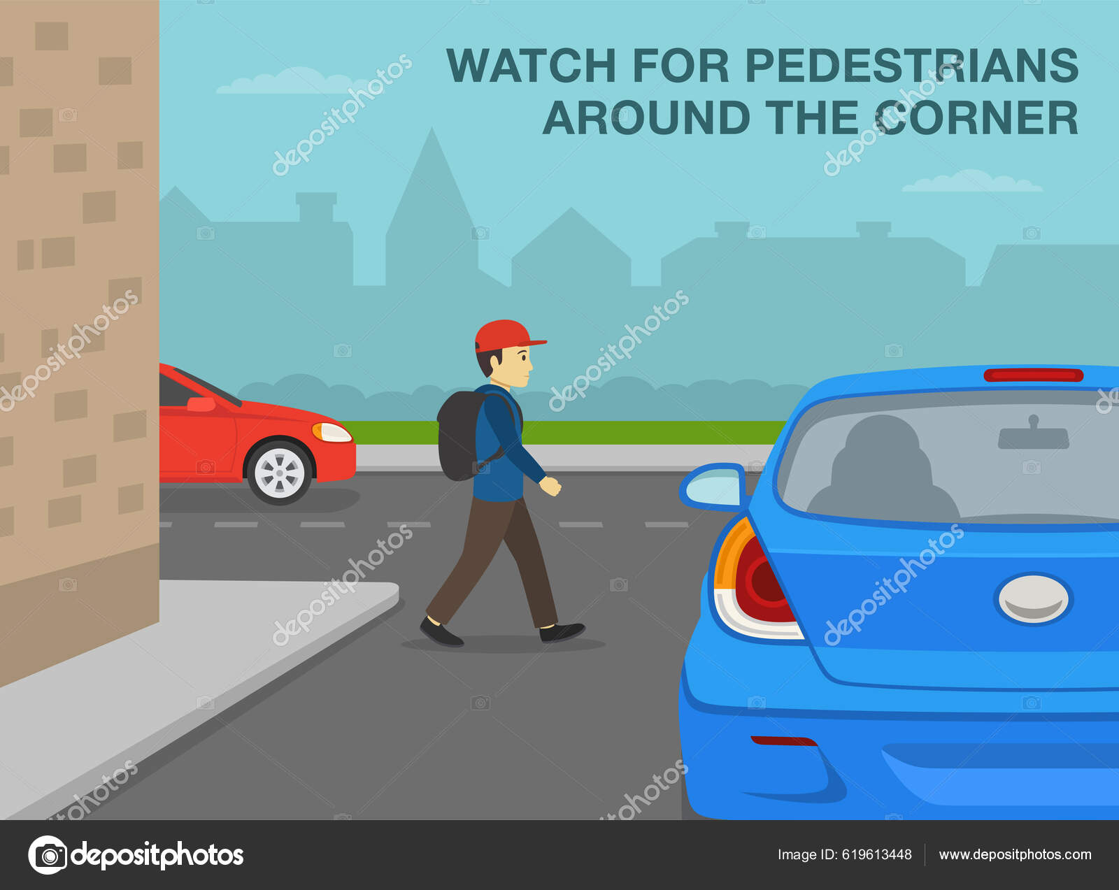 Pedestrian Safety Car Driving Rules Young Male Character Crossing Road