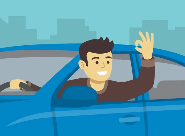 Ung Chaufför Lutar Sig Genom Bilfönstret Glad Man Sitter Bil — Stock vektor