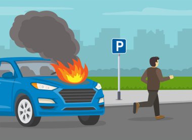 Araba yangını güvenlik aktivitesi. Genç erkek sürücü cipi alev aldıktan sonra kaçmak için kaçıyor. Araba sürüyorum. Şehrin otoparkında yanan araba. Düz vektör illüstrasyonu.