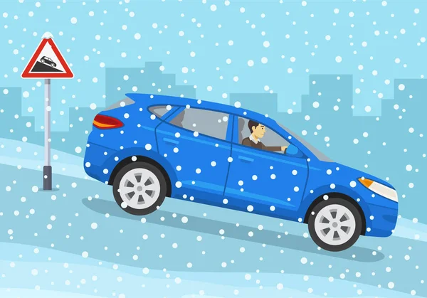 Veilige Auto Rijden Winter Seizoen Verkeerstekens Waarschuwen Voor Bergafwaarts Blauwe — Stockvector