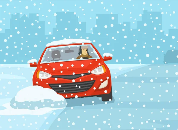 冬のシーズンに安全な車の運転 氷の道を横断するセダンのフロントビュー 赤い車は制御を失い 立ち往生 平面ベクトル図テンプレート — ストックベクタ