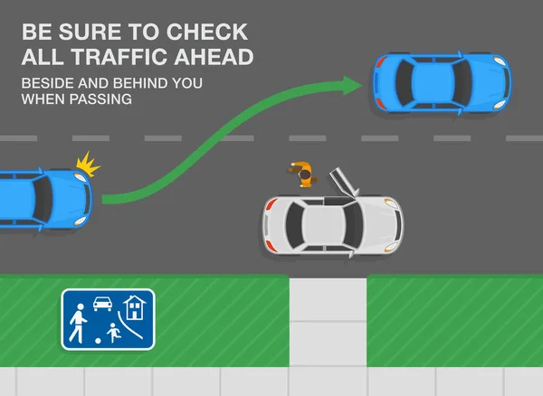 Güvenli Araba Kullanma Ipuçları Trafik Kuralları Mavi Sedan Araba Yolda — Stok Vektör
