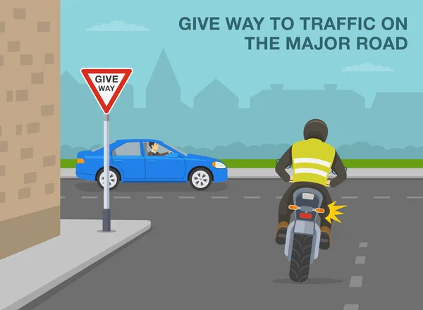 安全な車の運転のヒントや交通規制のルール オートバイは 道を譲る 記号で右折します 主要な道路上のトラフィックに収量 平面ベクトル図テンプレート — ストックベクタ