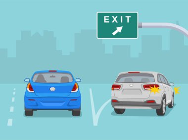 Trafik yönetmeliği kuralları. Lane yön tabelası. Beyaz SUV aracı otobandan çıkıyor. Otobanda bir trafik akışının arka görüntüsü. Düz vektör resimleme şablonu.