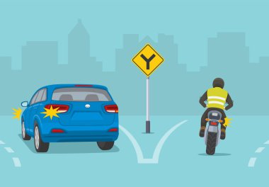 Trafik yönetmeliği kuralları. Y-kavşağı şeridi yön tabelası. Otobanda bir trafik akışının arka görüntüsü. Mavi cip ve motosiklet yolda. Düz vektör resimleme şablonu.