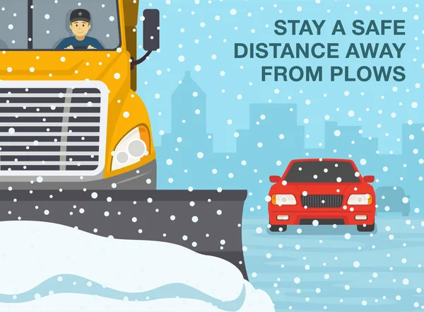 Veilige Auto Rijden Regels Tips Winterseizoen Rijden Sneeuwschuiver Ruimt Sneeuw — Stockvector