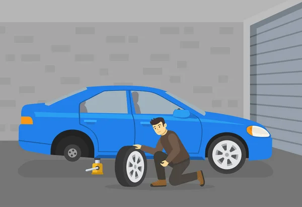 Araba Sürme Taktikleri Kuralları Genç Erkek Karakter Oturur Garajındaki Patlak — Stok Vektör