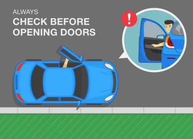 Safe driving tips and rules. Always check before opening doors. Close-up of male driver looking back while opening the front door. Top view. Flat vector illustration template. clipart