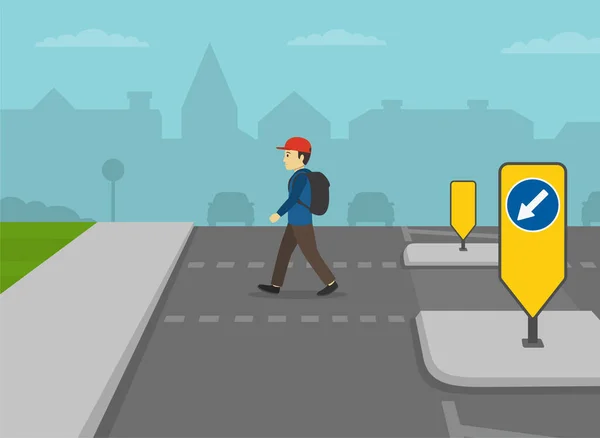 Pedestrian Safety Rules Tips Male Kid Crossing Street Crosswalk Zebra — Stock Vector