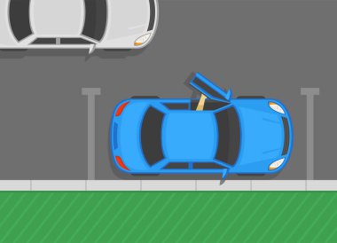 Güvenli sürüş ipuçları ve kurallar. Kapıları açmadan önce kontrol et. Başka bir araç yaklaşırken şoför ön kapıyı açıyor. Kapı bölgesine dikkat et. Üst Manzara. Düz vektör resimleme şablonu.