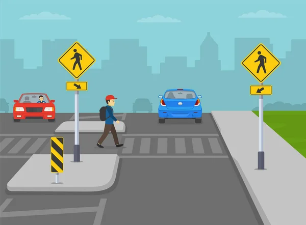 行人安全和汽车驾驶规则 男孩儿在十字路口过马路 交叉人行道上的标志与对角线箭头 中产阶级和行人避难岛 平面矢量图解模板 — 图库矢量图片