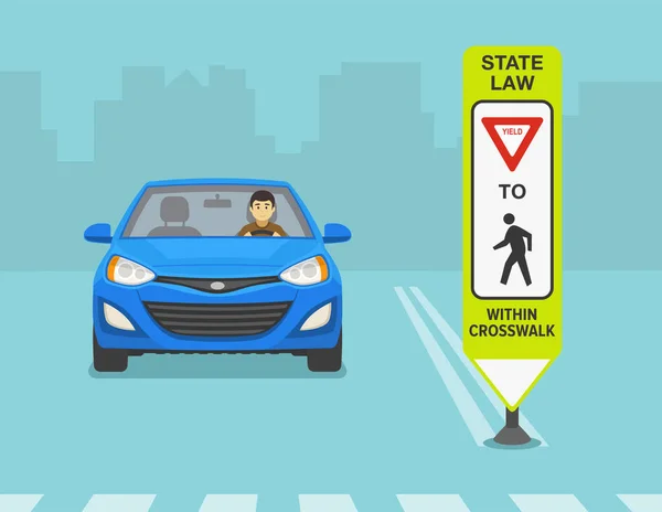 Säkra Bilkörningstips Och Trafikregler Närbild Avkastning Till Fotgängare Inom Övergångsstället — Stock vektor