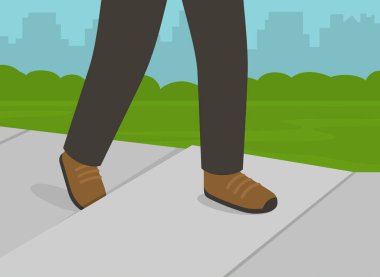 Yaya güvenlik kuralları ve bahşişler. Kaldırımda yürüyen ve düşmek üzere olan bir karakter. Ayağın tökezlediği yakın plan beton kaldırımı yükseltiyor. Düz vektör resimleme şablonu.