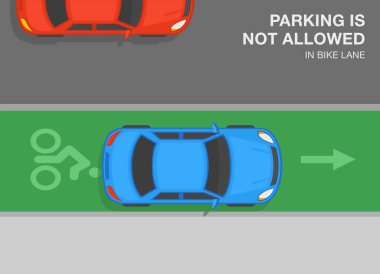 Açık hava park kuralları ve bahşişler. Yanlış park edilmiş bir arabanın üst görüntüsü. Bisiklet yolunda park etmek yasak. Düz vektör resimleme şablonu.