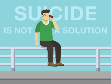 Suicidal man is about to jump off bridge. Male character sits on a railing of bridge and and talking on the phone. Suicide is not a solution. Flat vector illustration template. clipart