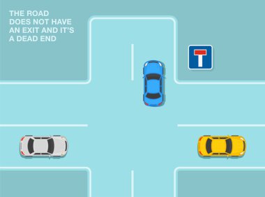 Güvenli araba kullanma ipuçları ve trafik kuralları. Çıkmaz sokaktan geçen bir arabanın üst görüntüsü. 