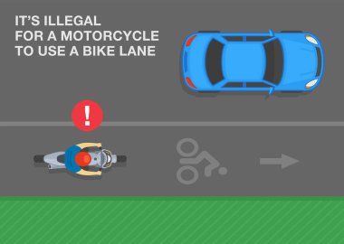 Güvenli motosiklet sürme kuralları ve bahşişler. Bir motosikletin bisiklet şeridini kullanması yasadışıdır. Bisiklet yolunda giden bir motorcunun üst görüntüsü. Düz vektör resimleme şablonu.