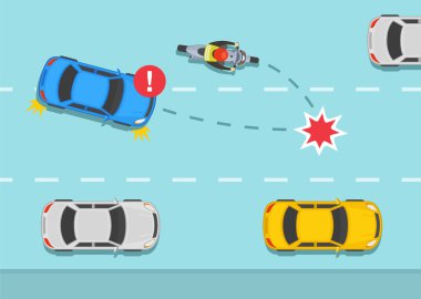 Güvenli motosiklet sürme kuralları ve bahşişler. Sağa dönüş kazası ve aynı yönde hareket eden araba. Aynı yönde şerit değiştiren araba ve bisiklet kazası. Üst Manzara. Düz vektör resimleme şablonu.