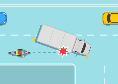 Güvenli motosiklet sürme kuralları ve bahşişler. Sağa dönüş kamyonu ve motosiklet kazası. Şerit değiştirmek ağır araç ve moto kazası. Üst Manzara. Düz vektör resimleme şablonu.