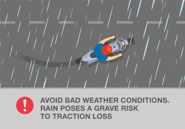 Güvenli motosiklet sürme kuralları ve bahşişler. Yağmurlu ve kaygan bir yolda araba sürüyorum. Kötü hava koşullarından kaçının. Yağmur çekiş kaybı için ciddi bir risk oluşturur. Üst Manzara. Düz vektör resimleme şablonu.