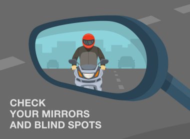Güvenli sürüş ipuçları ve trafik kuralları. Kanat aynasına yakın çekim. Motosiklet süren bir motorcunun araba arka aynasında yansıması. Aynalarınızı ve kör noktanızı kontrol edin. Düz vektör illüstrasyonu.