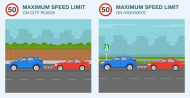 Güvenli araba kullanma ipuçları ve trafik kuralları. Şehir yollarında ve otoyollarda maksimum hız. Bozuk bir arabayı otostop çekerken yan görüş. Düz vektör resimleme şablonu.