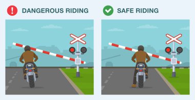 Güvenli motosiklet sürme kuralları ve bahşişler. Doğru ve yanlış tren yolu motosikletle kesişiyor. Bir motosikletlinin arka görüntüsü geçiş kapısından kaymaya çalışıyor. Düz vektör resimleme şablonu.