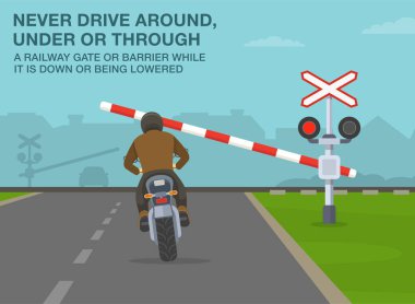 Güvenli motosiklet sürme kuralları ve bahşişler. Aşağıdayken ya da alçaltılırken asla bir demiryolu bariyerinin altında ya da altında dolaşma. Bir motorcunun arka görüntüsü kapanma kapısından sıvışmaya çalışıyor. Düz vektör.