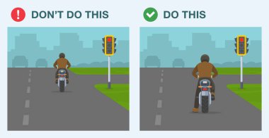 Yapılacaklar ve yapılmayacaklar. Güvenli motosiklet sürme kuralları ve bahşişler. Kırmızı ışıkta bekleyen bir motorcunun arka görüntüsü. Pervasız motosikletçi kırmızı bir trafik ışığından atladı. Düz vektör resimleme şablonu.