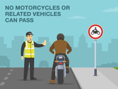 Güvenli motosiklet sürme kuralları ve bahşişler. Hiçbir motosiklet ya da akraba araç geçemez. Trafik polisi yolda motorcuyu durdurdu. Arkadan bak. Düz vektör resimleme şablonu.