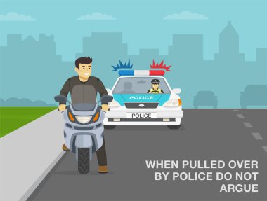 Traffic police officer stops a motorcycle rider. Happy male biker is looking back. When pulled over by police do not argue. Flat vector illustration template.