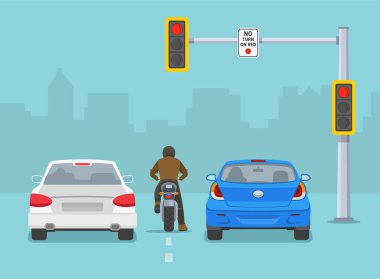 Traffic regulation rules and tips. Motorcycle riding between cars. Vehicles stopped at red traffic signal. Back view of city traffic flow. Flat vector illustration template.   clipart