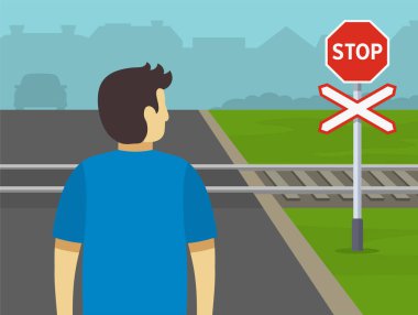 Railroad safety tips and rules. Close-up of male character looking both ways to cross the railways. Flat vector illustration template.
