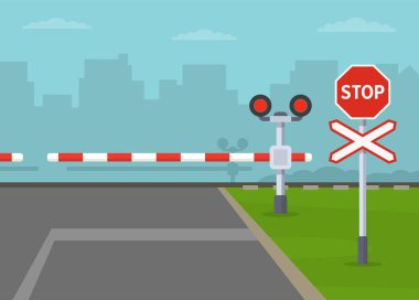 Closed railroad barriers at a rural railway crossing. Stop and wait for the train to cross, don't try to race across the track before the train approaches. Flat vector illustration template.
