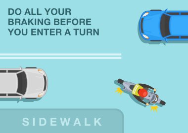 Safe motorcycle riding rules and tips. Do all your braking before you enter a turn. Top view of motorcycle turning right on junction road. Flat vector illustration template.