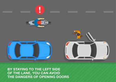 Safe motorcycle riding rules and tips. By staying to the left side of the lane you can avoid the dangers of opening doors. Top view of a street with parked vehicles. Flat vector illustration template.